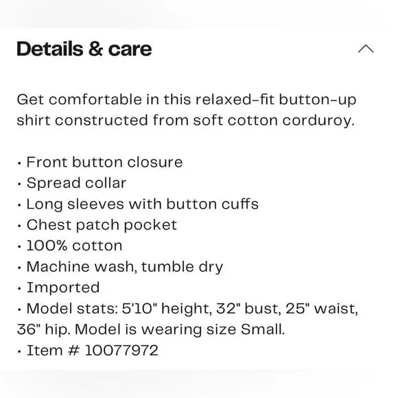NWT New Frank & Eileen “Eileen” Relaxed Fit Corduroy Button-Up Shirt Size S